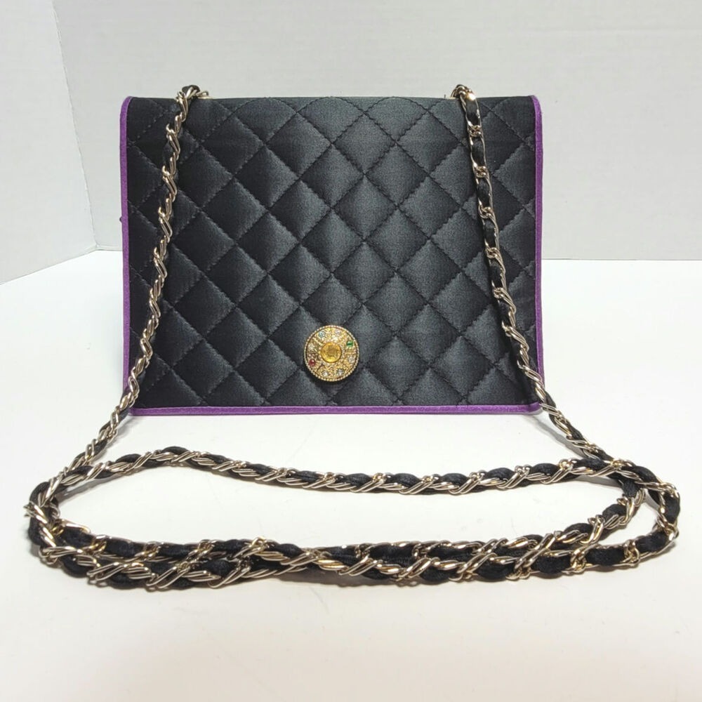 Lisette Black Quilted Evening Bag Purse Crossbody Clutch with Purple Trim